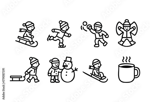 A collection of black and white line icons illustrating various winter activities, including children sledding, ice skating, throwing snowballs, making snow angels, building a snowman, pulling a sled,