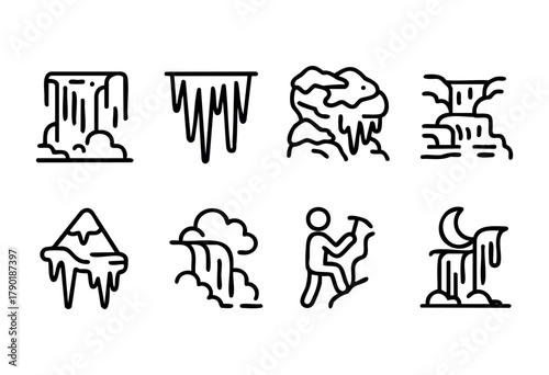 A collection of line art designs showcases waterfalls, ice formations, mountains, and a hiker exploring nature. These illustrations highlight serene and adventurous landscapes.