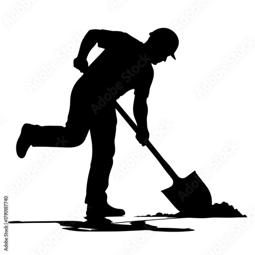 Dedicated construction worker digging with shovel in silhouette on a white background