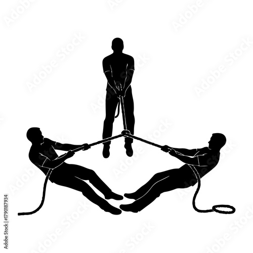 Dynamic team pulling rope in intense tug of war competition, showcasing strength and unity