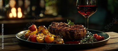 Fototapeta Naklejka Na Ścianę i Meble -  Grilled steak with vegetables and savory sauce