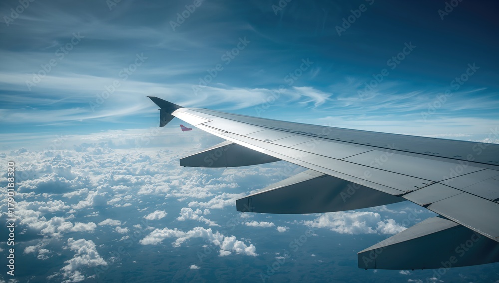 Obraz premium Aeroplane wings soaring through the sky, symbolizing freedom and travel