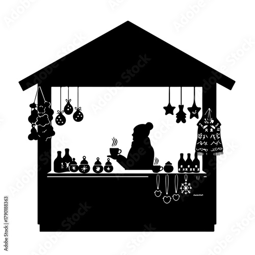 Cozy winter market stall offers warm drinks and festive decorations to passersby