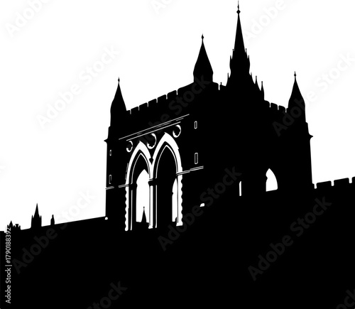 Majestic gothic cathedral silhouette against a stark white background, evoking history and grandeur