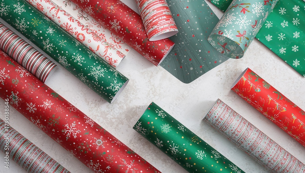 Obraz premium Festive wrapping paper rolls arranged from above, ideal backdrop for holiday design and layout