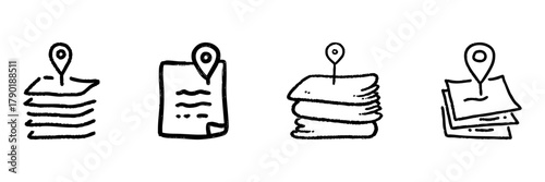 Stack Of Documents With Location Pin Line Icon Set In Doodle Style. Document Management And Geolocation Tracking Outline Sketch Collection. Hand Drawn Isolated Vector Illustration