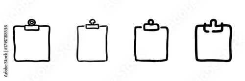 Clipboards Line Icon Set In Doodle Style. Office Supplies, Organization, And Task Management Outline Sketch Collection. Hand Drawn Isolated Vector Illustration