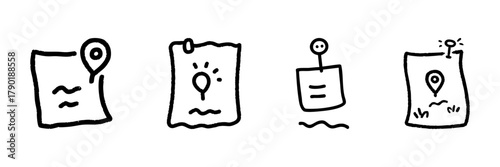 Pinned Note And Location Marker Line Icon Set In Doodle Style. Idea Generation, Task Management, And Location Tracking Outline Sketch Collection. Hand Drawn Isolated Vector Illustration