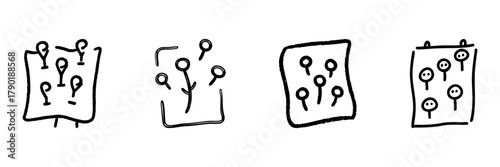 Map Pins And Location Markers Line Icon Set In Doodle Style. Navigation, Travel Planning, And Geolocation Outline Sketch Collection. Hand Drawn Isolated Vector Illustration