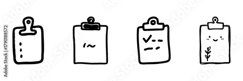 Clipboards Line Icon Set In Doodle Style. Task Management, Organization, And Planning Outline Sketch Collection. Includes Checklists And Creative Elements. Hand Drawn Isolated Vector Illustration