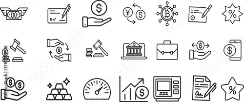 Money and banking outline icons, financial transactions, growth