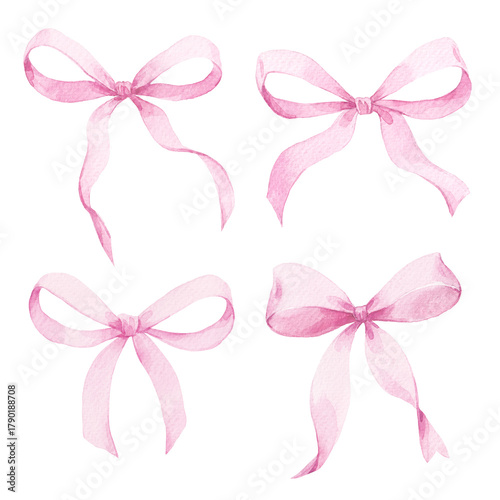 Watercolor set of pink bows. Elegant hand-painted ribbon clipart collection perfect for wedding invitations, packaging, baby shower decor, cards and feminine design projects.