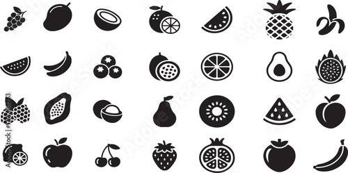 Diverse black silhouette fruit icon set with healthy food concept