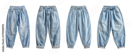 Diverse loose fit denim jeans with cuffed hem and elastic ankle detail, offering comfort and style for casual wear, presented as a PNG set with transparent background