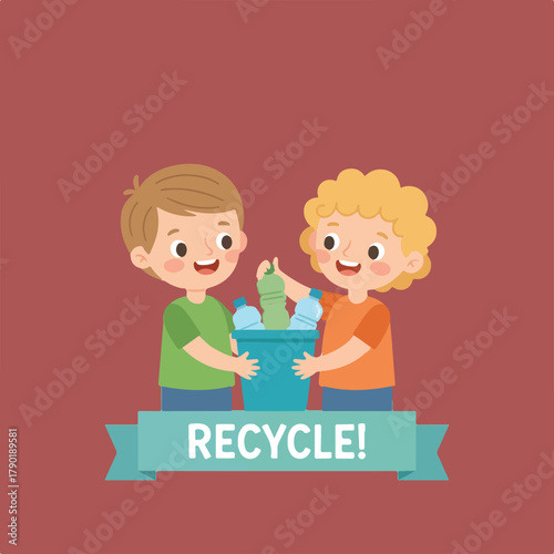 Two cartoon children with brown and blonde hair are holding a recycling bin with plastic bottles in it; a banner reads "RECYCLE!".