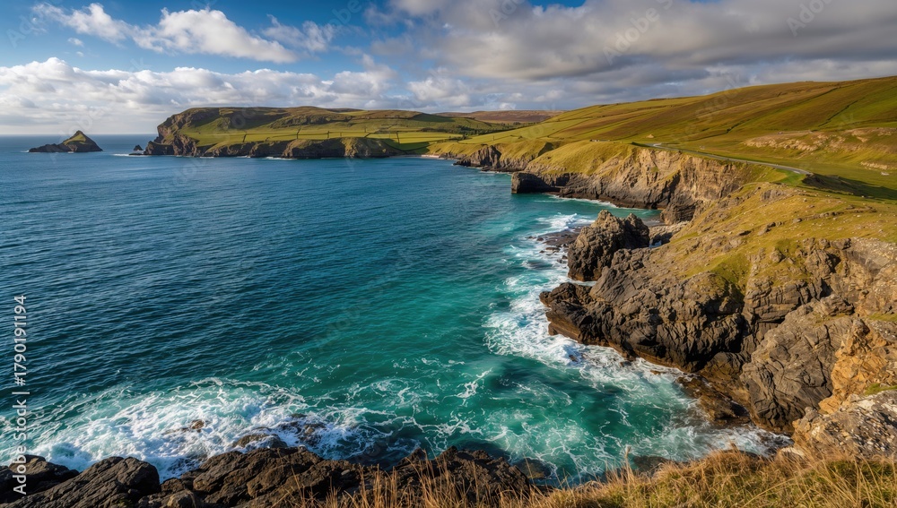 Fototapeta premium The Scenic Beauty of Ireland, a lush green landscape by the ocean, an adventure in nature