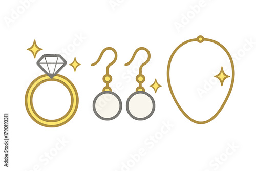 Set of gold jewelry icons with diamond ring, pearl earrings, and necklace