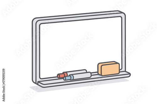 Blank whiteboard with dry erase markers and eraser on tray