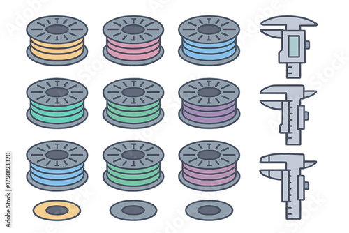 3D printer filament spools and digital caliper measuring tool icons