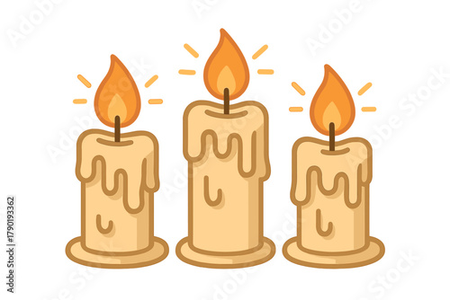 Three burning wax candles with dripping wax icons