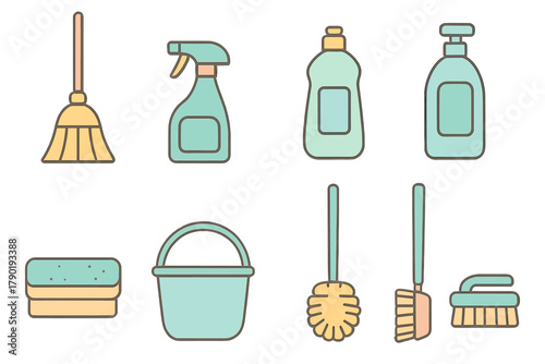 Set of cleaning supplies icons featuring broom, bucket, and various liquid containers