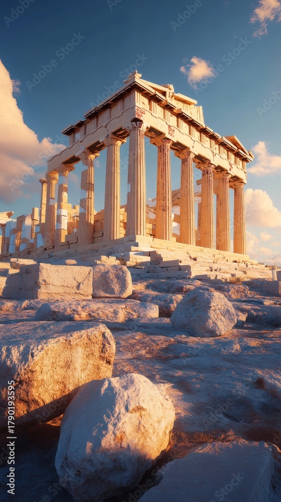Obraz premium Ancient architecture in a beautiful sunlight setting. The Parthenon, showcasing its timeless beauty, with the sun casting a warm glow