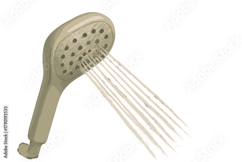 Handheld shower head spraying streams of water isolated on white background