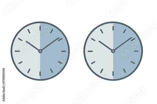 Two analog clocks showing half hour time difference comparison
