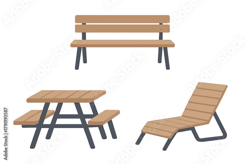 Wooden outdoor park furniture set with bench picnic table and modern lounger
