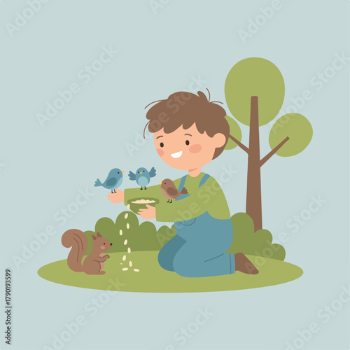 A boy feeding birds and a squirrel while kneeling on the grass in a green outfit and blue overalls next to a tree on a light blue background.