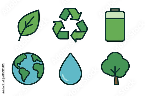 Six vibrant icons for ecology, nature, and environmental protection concepts