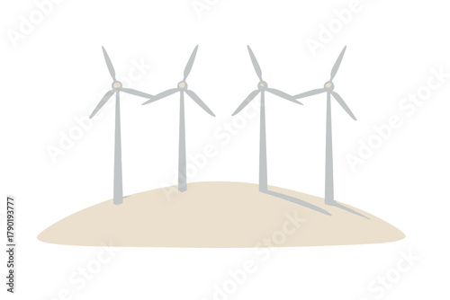 Four modern wind turbines generating clean renewable energy on a small landscape