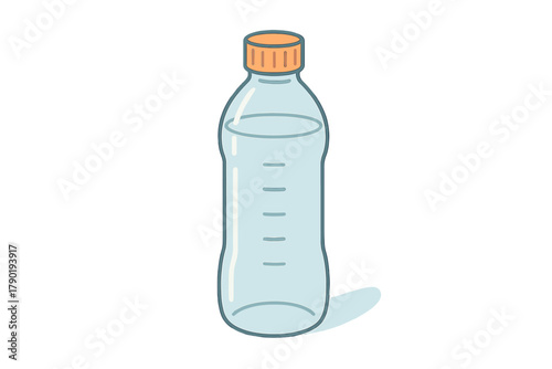 Clear plastic water bottle with orange cap and measurement markings