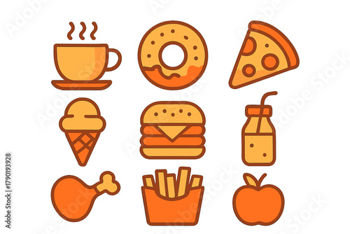 Nine colorful icons representing popular fast food items and snacks