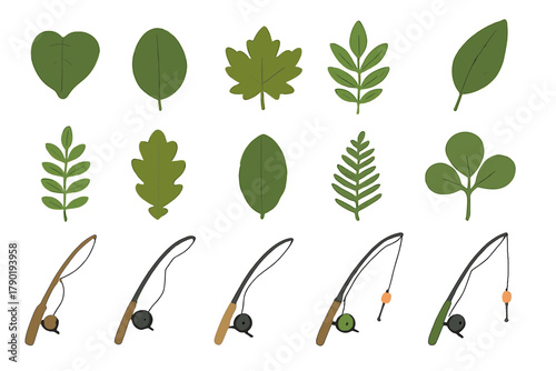 Set of stylized green leaves and fishing rod icons