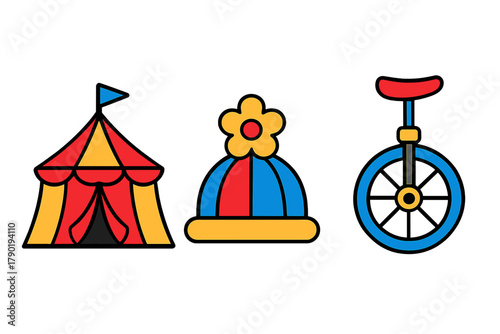 Set of colorful circus icons featuring tent, clown hat, and unicycle