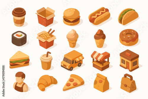 Street Food and Cafe Icons – Isometric Fast Food Vector Set