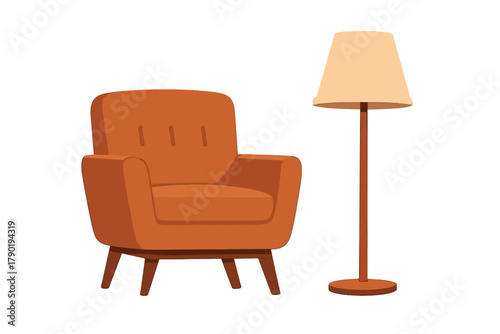 Mid-century modern armchair and floor lamp set isolated on white background