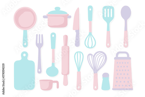Pastel colored kitchen utensils and cooking tools set collection