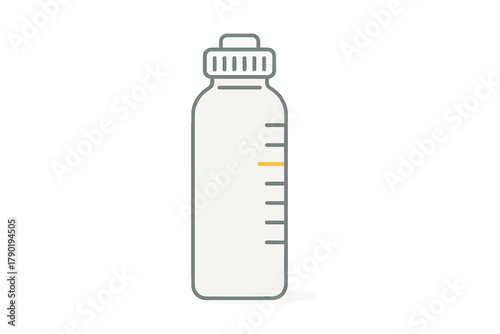 Baby feeding bottle with measurement markings and nipple cap icon