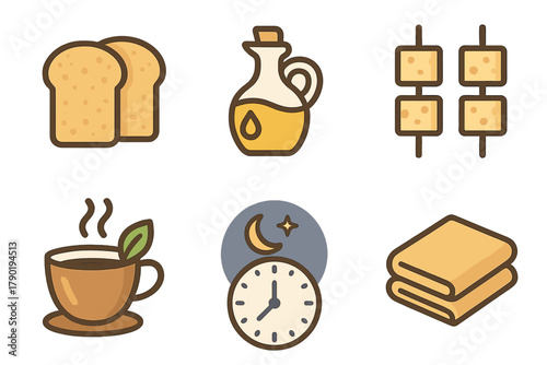 Set of simple icons for food, drink, time management, and relaxation concepts
