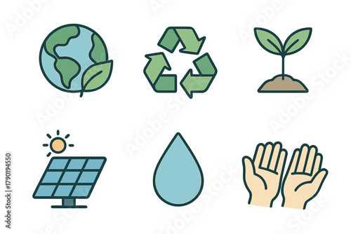 Six colorful icons representing ecology and environmental protection concepts