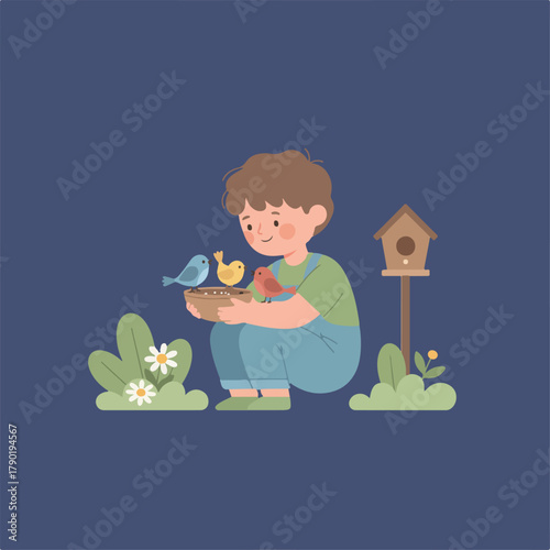 An illustration depicts a child squatting down, holding a bowl of food for birds, with a birdhouse and greenery surrounding the scene.