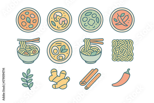 Collection of Asian noodle soup ingredients and prepared dishes icons