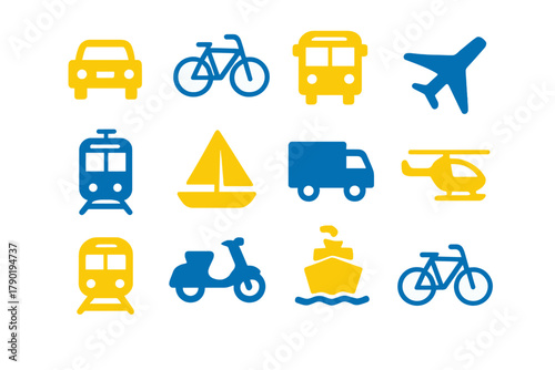 Colorful icons representing land, air, and sea transportation and travel