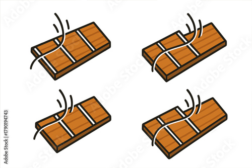 Isometric icons showing wood plank deformation and structural stress effects