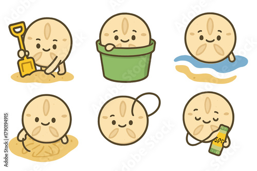 Charming sand dollar characters having fun with beach activities