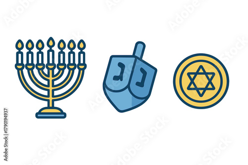 Set of Hanukkah symbols including menorah dreidel and Star of David