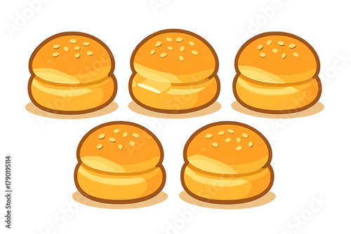 Five cartoon sesame seed burger buns, one featuring a slice of cheese