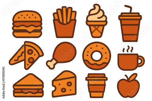 Stylized fast food and snack icons in warm color palette